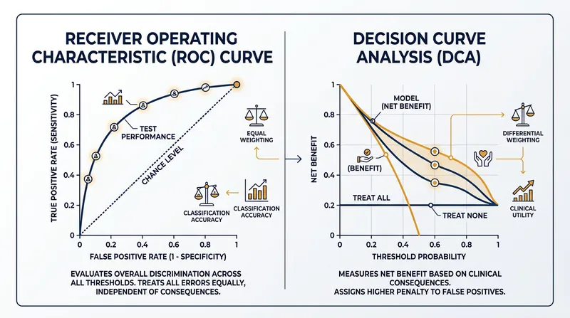 Unlike ROC curves, decision curves isolate the specific probability at which a clinician decides to intervene.