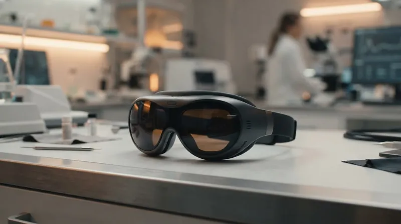 A patient wearing specialized medical camera goggles that emit a faint amber glow in a clinical setting.