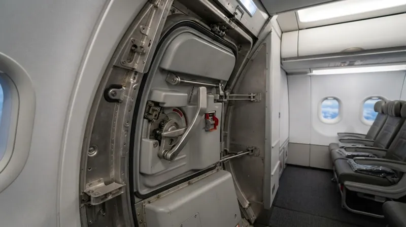 Interior view of a commercial airliner plug door showing heavy metallic hinges and red warning strap.