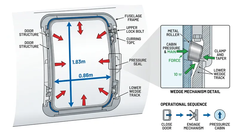 At cruising altitude, the 55-kilopascal pressure differential exerts nearly 10 metric tons of outward force on the door.