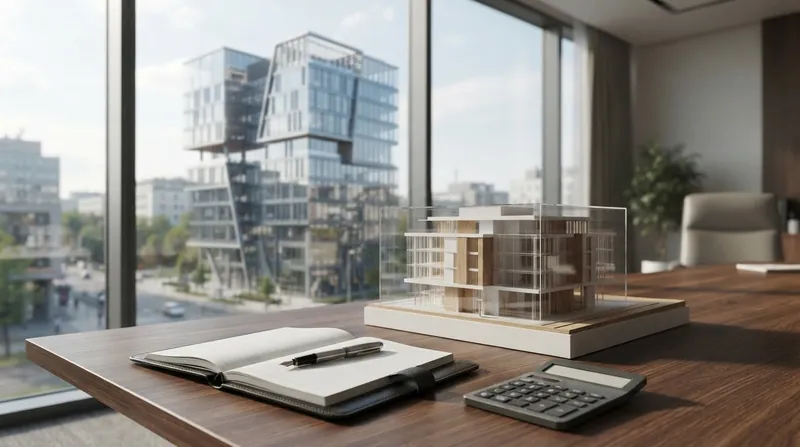 A modern high-rise commercial office building with glass facades reflecting the sky.