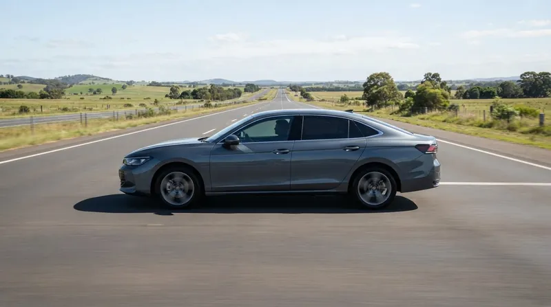 A modern sedan driving on a highway with its windows rolled up, demonstrating aerodynamic efficiency.