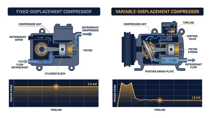 Modern variable-displacement compressors scale back their power draw once the cabin reaches the target temperature.