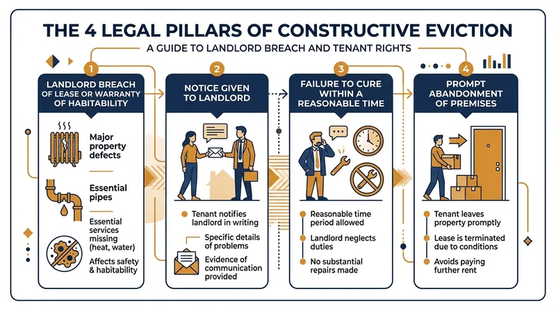 The four required elements to successfully claim constructive eviction in court.