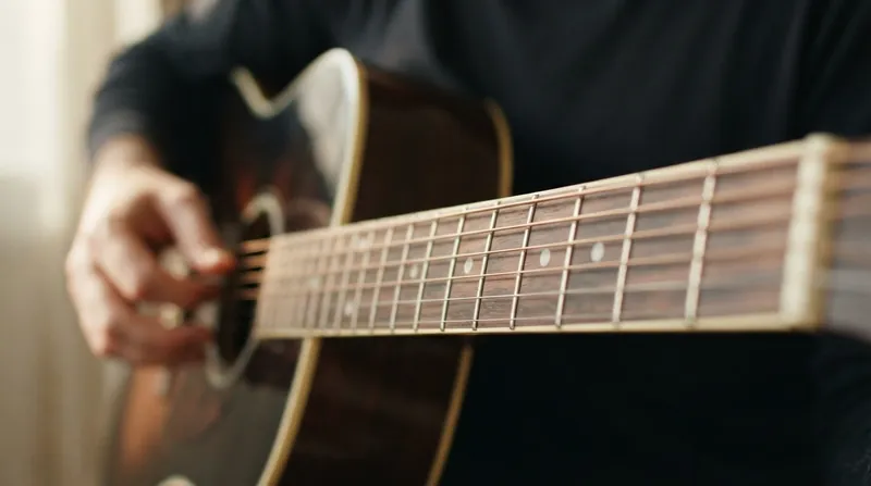 A guitarist's left hand pressing down on a wooden fretboard to form a complex chord.