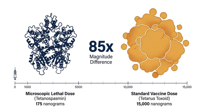 A standard tetanus booster delivers roughly 85 times more inactivated protein than the lethal dose of the live toxin.