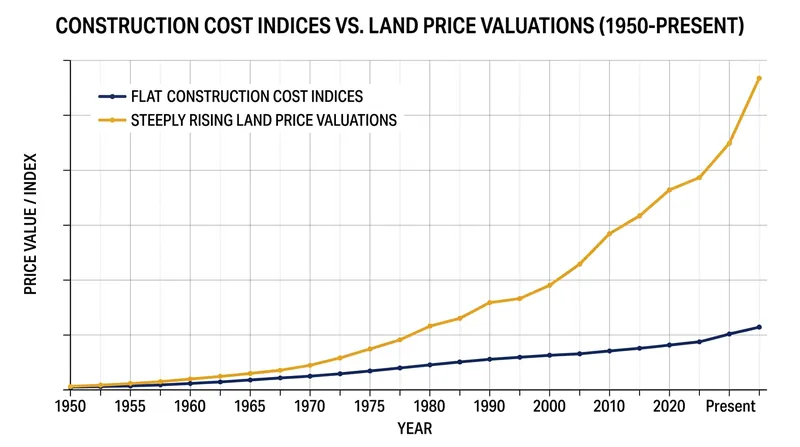 While physical building materials have remained relatively flat in real terms, lot valuations have skyrocketed.