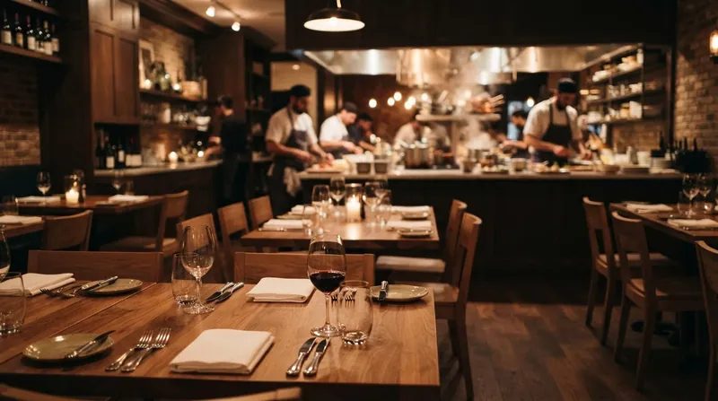 A restaurant host looks at a seating chart while empty tables sit in the background.