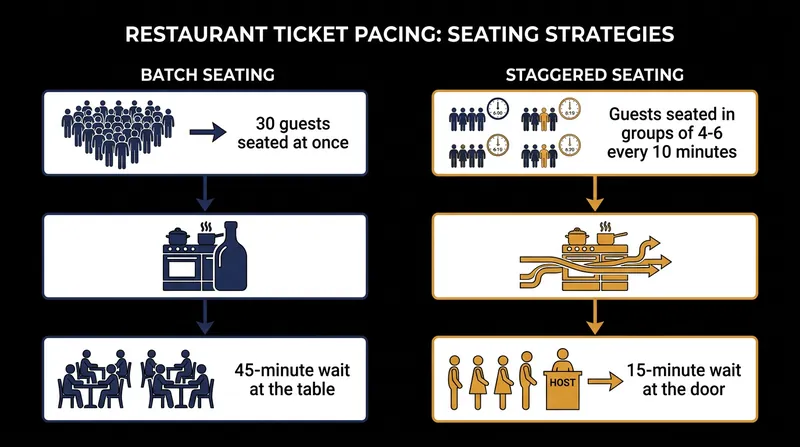 Staggering seating prevents ticket bottlenecks, shifting the wait from the table to the door.