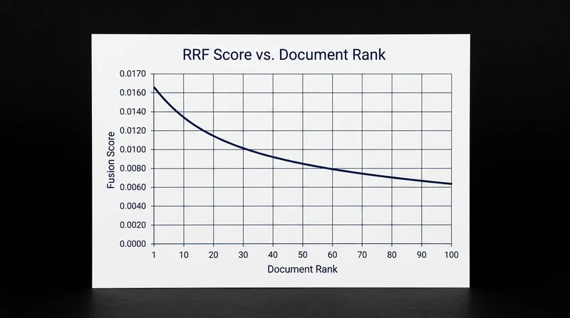 The rank decay curve demonstrates how RRF assigns fractional scores based purely on ordinal position.