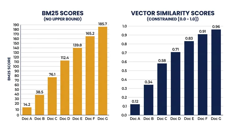 BM25 keyword scores are unbounded, while vector similarities are strictly bounded, making direct addition impossible.