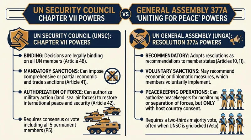 Comparing the enforcement powers of the Security Council and the General Assembly.