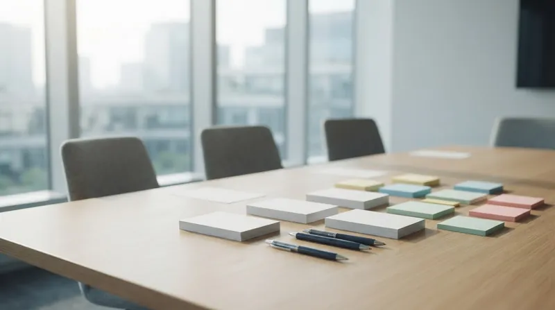A diverse group of professionals sitting around a modern conference table, silently writing on notepads.