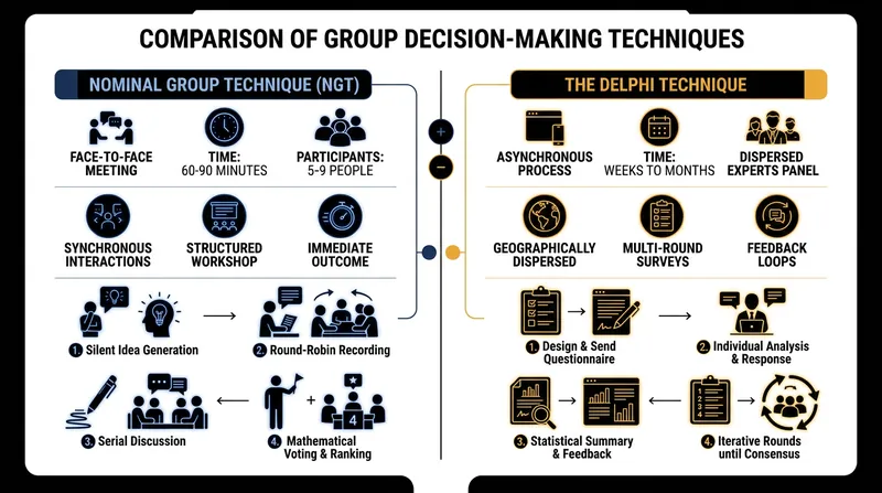 NGT delivers immediate consensus for small groups, while the Delphi technique spans weeks for dispersed experts.