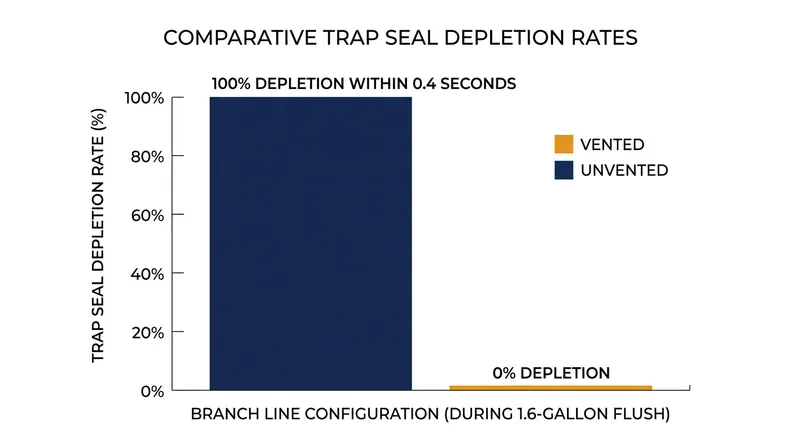 Without a vent, a standard toilet flush generates enough vacuum to completely siphon an adjacent trap in less than half a second.