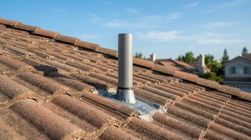 Several white PVC plumbing vent pipes protruding from a residential asphalt shingle roof against a blue sky.