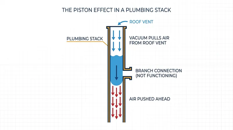 A solid volume of falling water acts like a piston, pulling a vacuum behind it that must be satisfied by air from the roof vent.