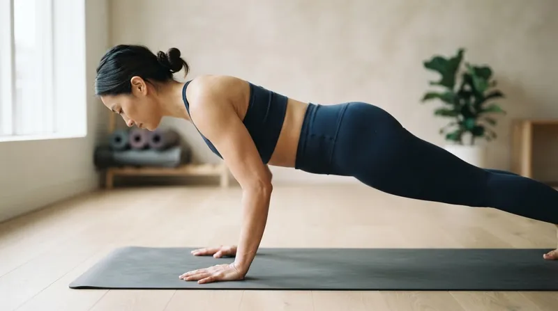 A person in a yoga studio holding Chaturanga Dandasana with elbows bent at exactly 90 degrees.