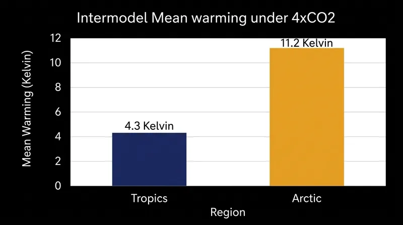 Climate models show the Arctic warming more than twice as fast as the tropics when atmospheric carbon dioxide is quadrupled.