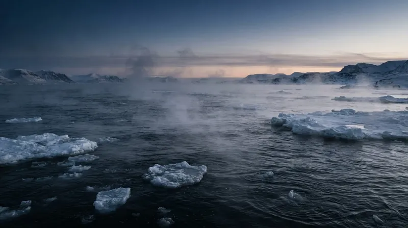 Illustration: During the winter, areas of open ocean release massive amounts of stored summer heat back into the freezing Arctic atmosphere.