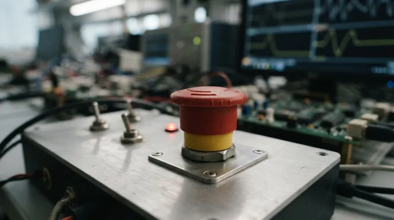 A glowing red emergency off-switch mounted on a brushed steel control panel with a blurred robotic arm in the background.