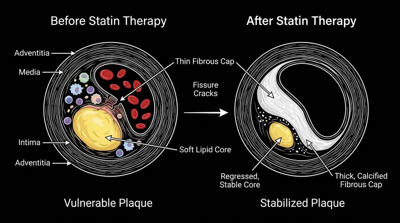 Statins clear the soft lipid core and replace it with dense macrocalcification, turning a fragile blister into a hardened scar.