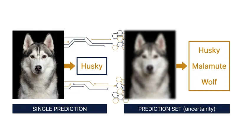 When the base model is uncertain, the prediction set expands to include multiple possible classes.