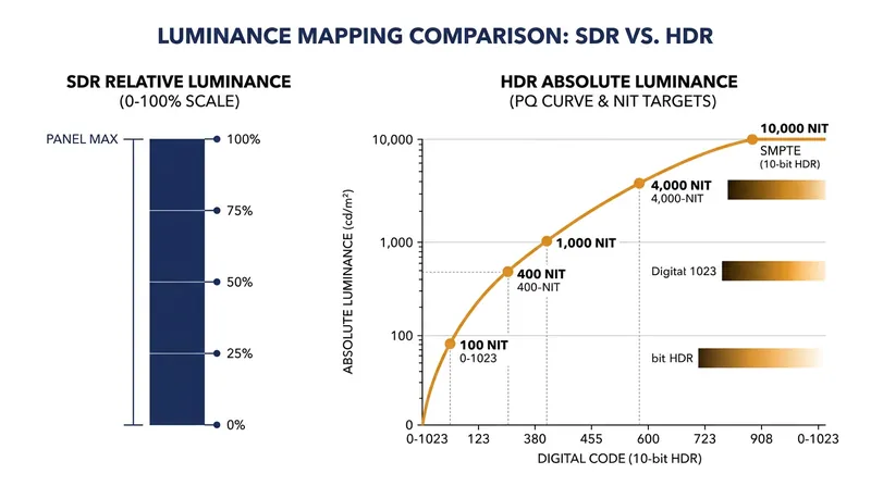 SDR stretches to fit the screen, while HDR demands specific physical light output.