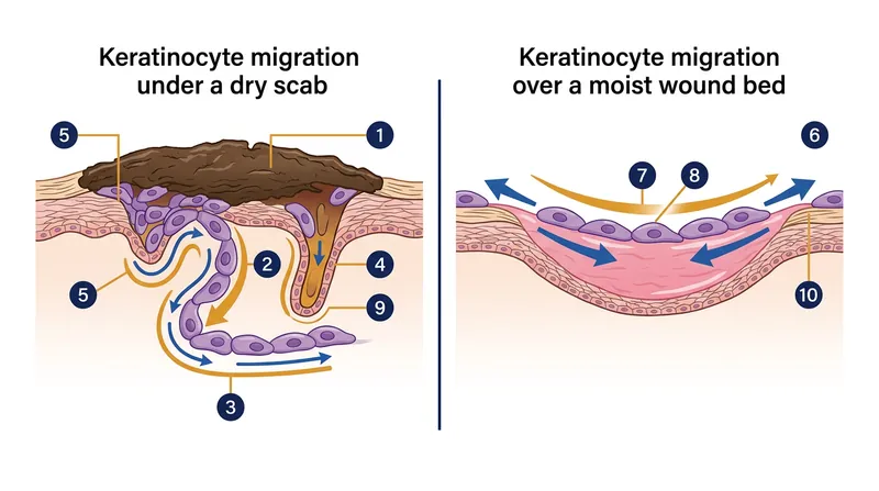 Under a dry scab, cells must burrow through healthy tissue to find moisture. Under occlusion, they glide directly across the surface.