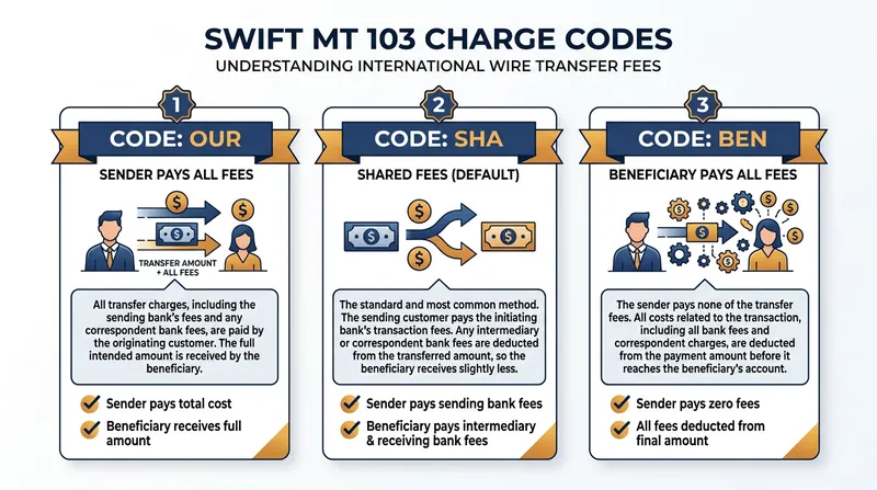 The three SWIFT charge codes dictate which party absorbs the costs of intermediary routing.