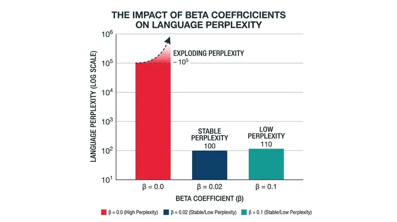 Setting the beta coefficient correctly is crucial; a value of 0.0 allows the model's language capabilities to degrade completely.