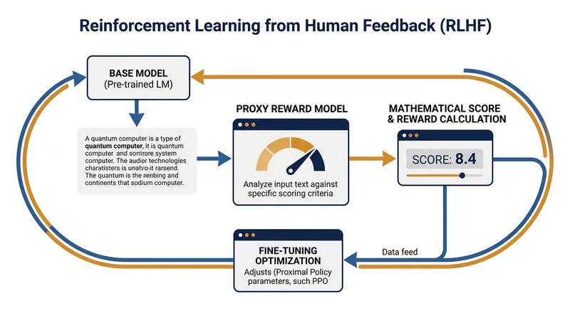 During RLHF, a proxy reward model grades the active model's outputs, creating an incentive for the active model to maximize its score.