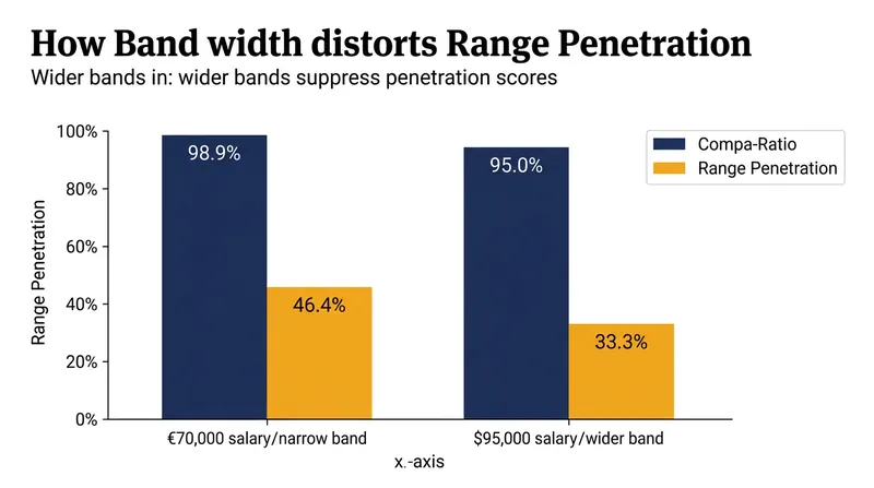 Range penetration penalizes employees in wider bands by making them appear lower in their progression despite similar market competitiveness.