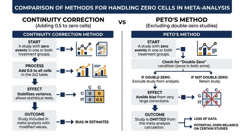 Meta-analysts must often choose between the continuity correction bias of Mantel-Haenszel and the approximation bias of Peto's method.