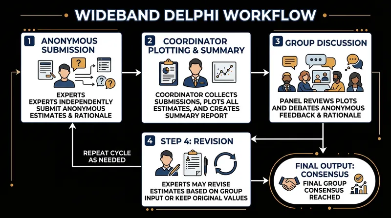 The Wideband Delphi method relies on iterative, anonymous forecasting to strip away social hierarchy.