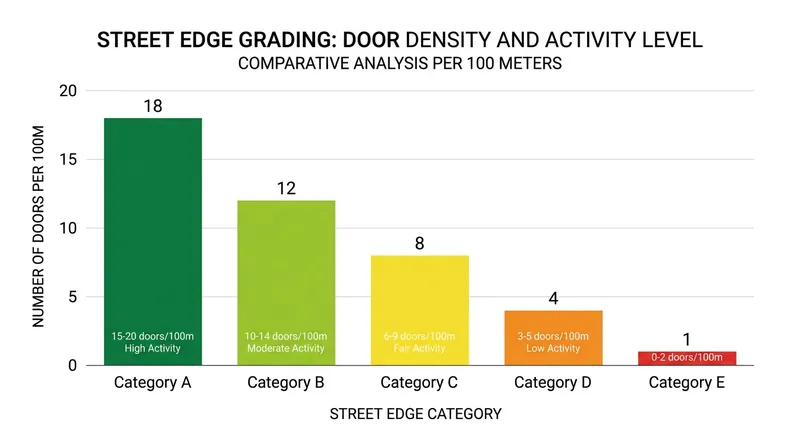 Jan Gehl's five-point evaluation scale quantifies how the density of entrances correlates with street vitality.
