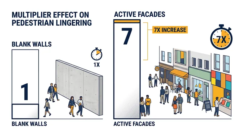 Observational data reveals a sevenfold increase in stationary activity next to facades with 15 to 20 doors per 100 meters.