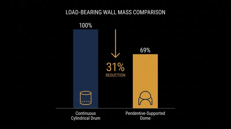 By concentrating thrust into four piers, pendentives reduce the required load-bearing wall mass by nearly a third.