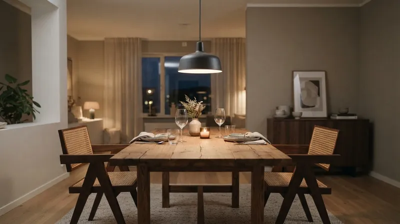 A matte-black dome pendant light hanging low over a set wooden dining table in a dimly lit room.