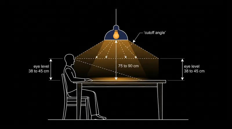 The 75-to-90-centimetre height window keeps the light source above the sightline but below the glare threshold.