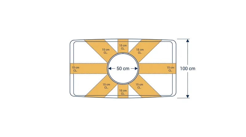 A fixture should be sized to leave at least 15 centimetres of clearance from the table edge to prevent head collisions.