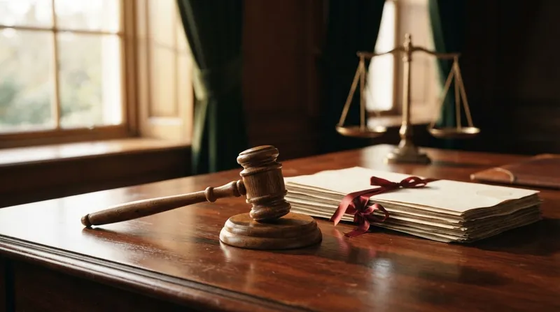 A judge's wooden gavel resting on a thick leather-bound international treaty document in a sunlit courtroom.