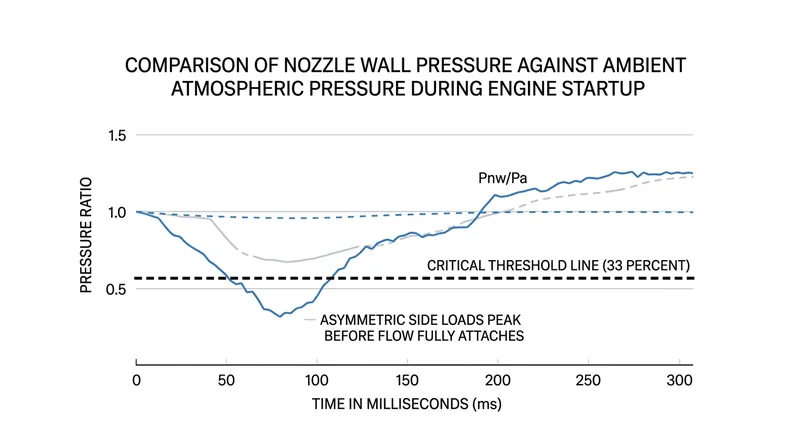 Transient side loads peak during engine ignition as the chamber pressure ramps up through the critical separation threshold.