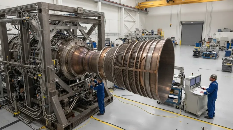 A massive rocket engine nozzle firing a bright, shock-diamond exhaust plume on a ground test stand.