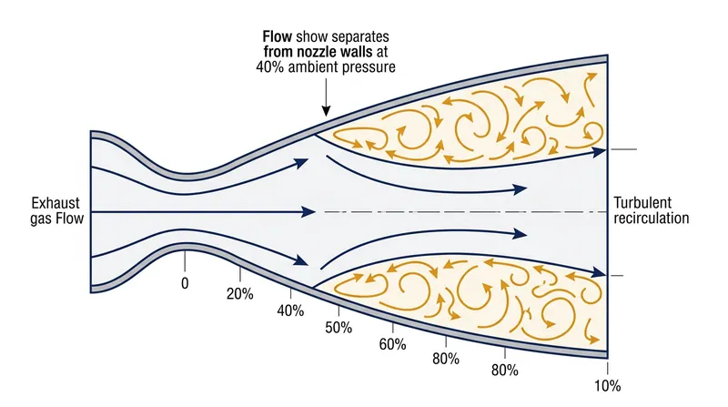 When internal exhaust pressure drops below 40 percent of the surrounding atmosphere, the flow detaches from the nozzle wall.