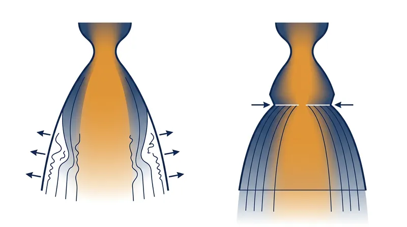 Dual-bell nozzles feature a sharp contour inflection that forces symmetrical flow separation, eliminating destructive side loads at sea level.