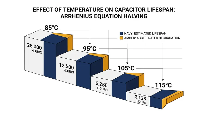 Every 10°C increase in operating temperature cuts the lifespan of an electrolytic capacitor exactly in half.