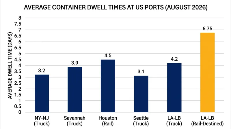 Rail-destined containers sat at Southern California ports for nearly seven days on average in August 2026.