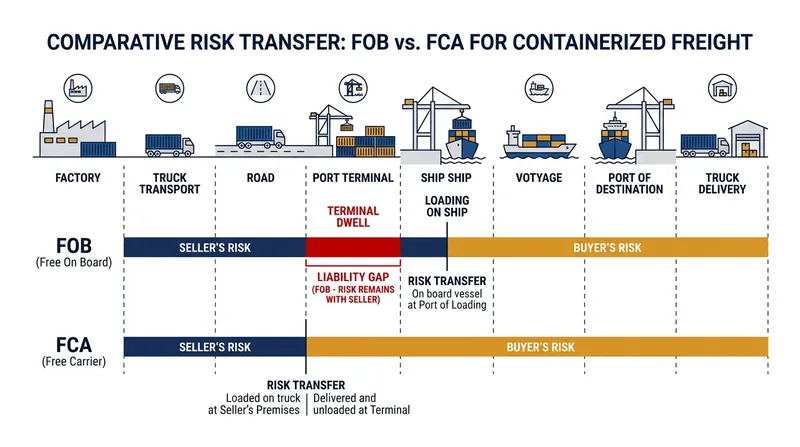 FOB leaves the seller liable during terminal dwell, while FCA aligns risk transfer with physical handover.