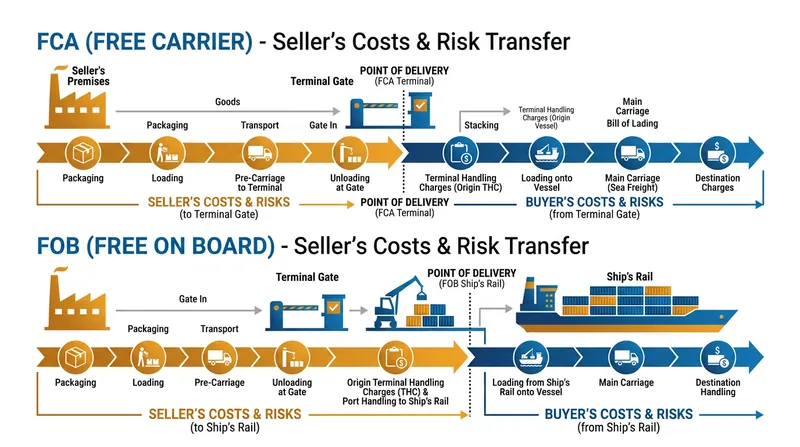FCA cleanly severs the seller's financial obligations at the terminal gate, avoiding unexpected secondary handling charges.